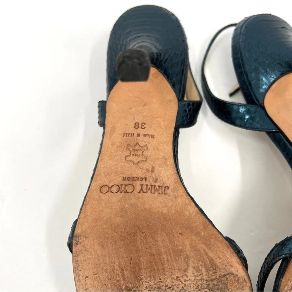 JIMMY CHOO Shoes Womens 38 Metallic Blue Snake Embossed Strappy Leather Sandal - Picture 10 of 14